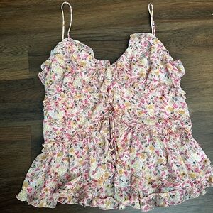 Lush Floral Ruffle Tie Up Women's Top Size L